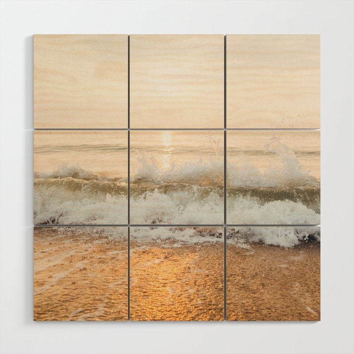 Golden Hour, Sunrise, Sunset, Crashing Waves on Beach Wood Wall Art