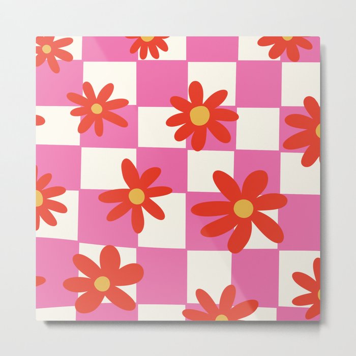 Retro 60s Flower Pattern with Pink Checkered Print Metal Print