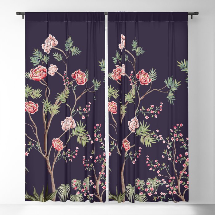 Chinoiserie Dark Blooming Peony Floral Fresco Garden Blackout Curtain