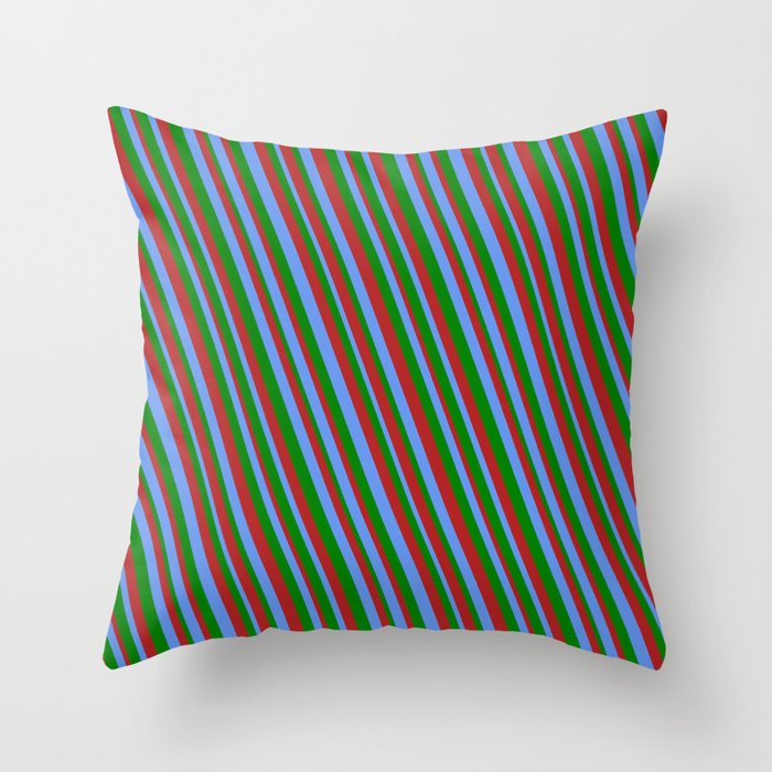 Cornflower Blue, Green & Red Colored Stripes Pattern Throw Pillow