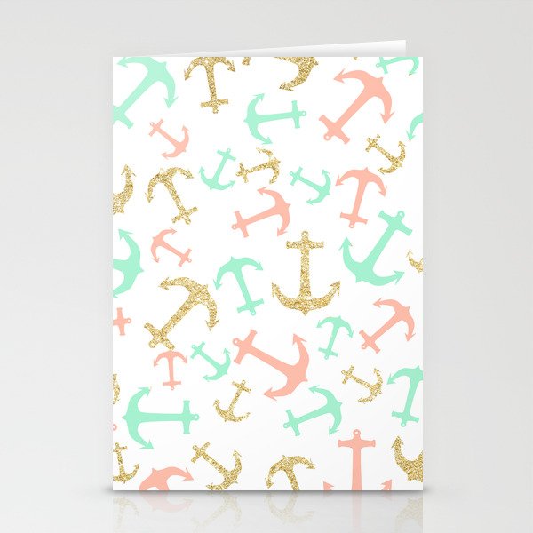 Summer pastel pink mint gold nautical anchors  Stationery Cards