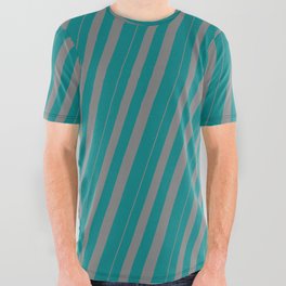 [ Thumbnail: Grey & Teal Colored Striped/Lined Pattern All Over Graphic Tee ]