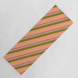 [ Thumbnail: Light Salmon, Grey & Green Colored Lined/Striped Pattern Yoga Mat ]