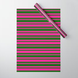 [ Thumbnail: Dark Green and Deep Pink Colored Pattern of Stripes Wrapping Paper ]