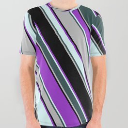[ Thumbnail: Dark Orchid, Light Cyan, Dark Slate Gray, Grey, and Black Colored Lines Pattern All Over Graphic Tee ]