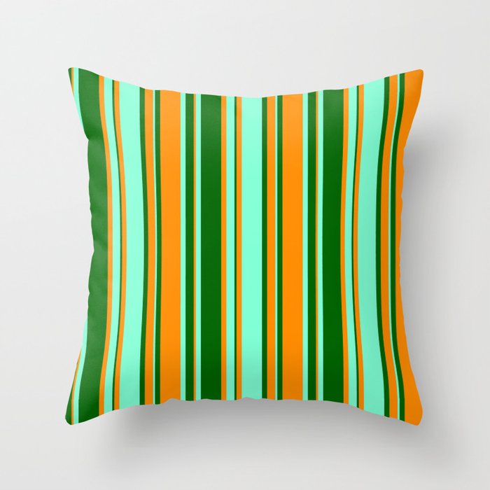 Dark Orange, Dark Green, and Aquamarine Colored Stripes Pattern Throw Pillow