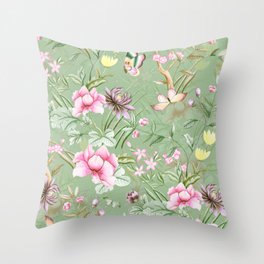 Vintage & Shabby Chic Chinoserie Pastel Spring Green Flowers And Birds Garden Throw Pillow