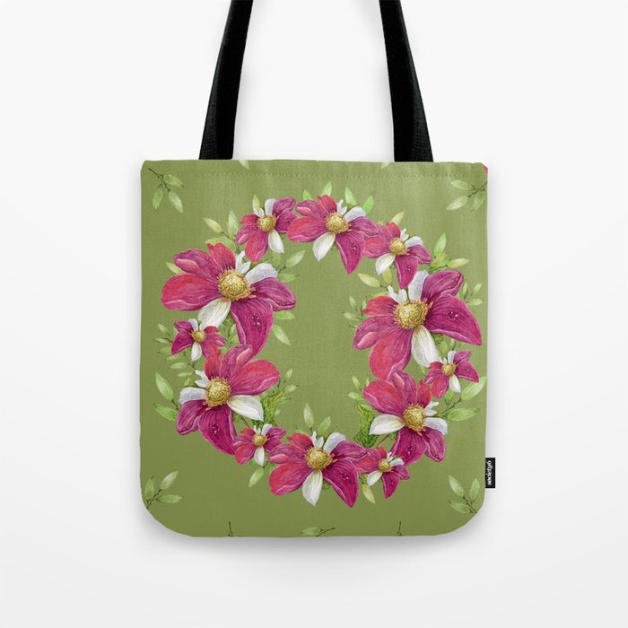 cosmos watercolor pattern on green background  Tote Bag