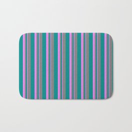 [ Thumbnail: Dark Cyan, Grey, and Violet Colored Stripes/Lines Pattern Bath Mat ]