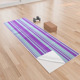 [ Thumbnail: Dark Orchid & Light Blue Colored Stripes/Lines Pattern Yoga Towel ]