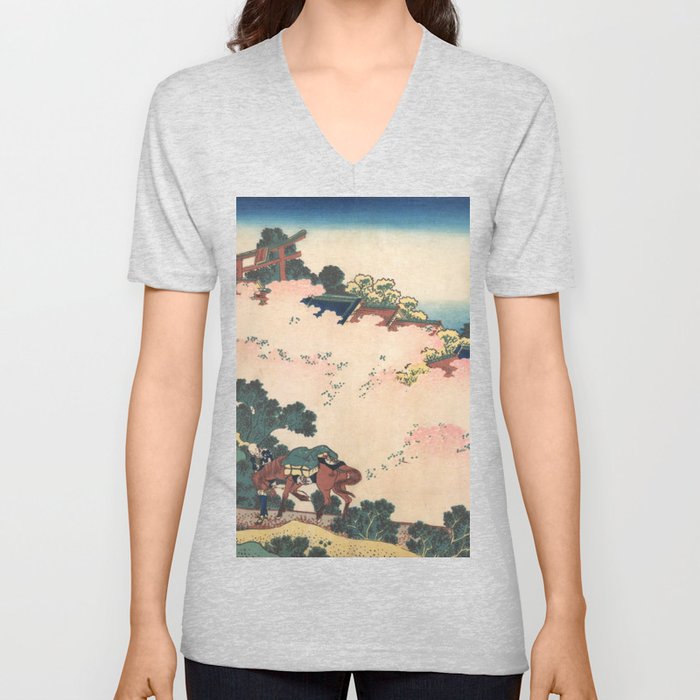 Cherry Blossoms at Yoshino - Katsushika Hokusai  V Neck T Shirt