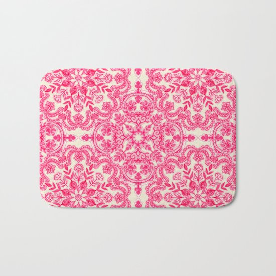 Hot Pink & Soft Cream Folk Art Pattern Bath Mat