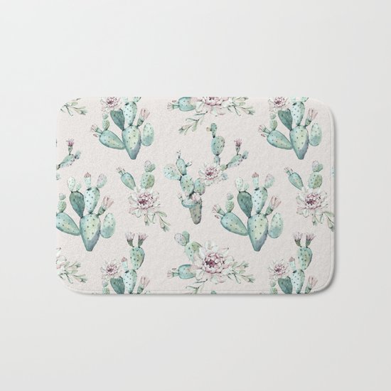 Pretty Cactus Rose Pattern Pale Pink + Green Bath Mat