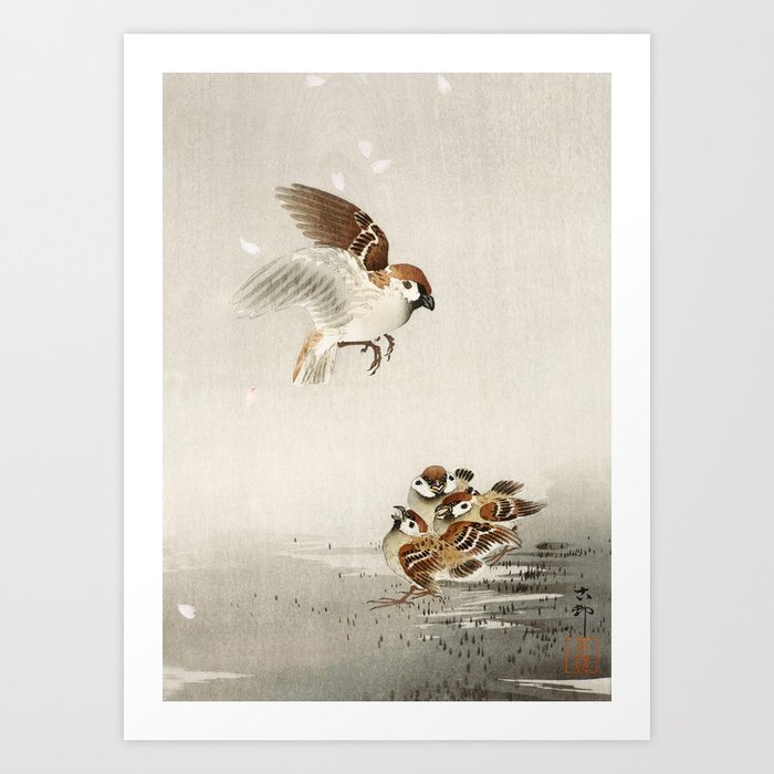 Sparrow mom and its chicks - Vintage Japanese Woodblock Print Art Art Print