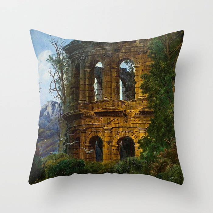 Roman Italian Ruins At Twilight with flying birds in foreground landscape painting by Ferdinand Knab Throw Pillow