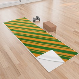 [ Thumbnail: Dark Orange and Dark Green Colored Striped/Lined Pattern Yoga Towel ]