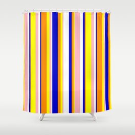 [ Thumbnail: Eye-catching Dark Orange, Blue, White, Light Pink, and Yellow Colored Stripes Pattern Shower Curtain ]