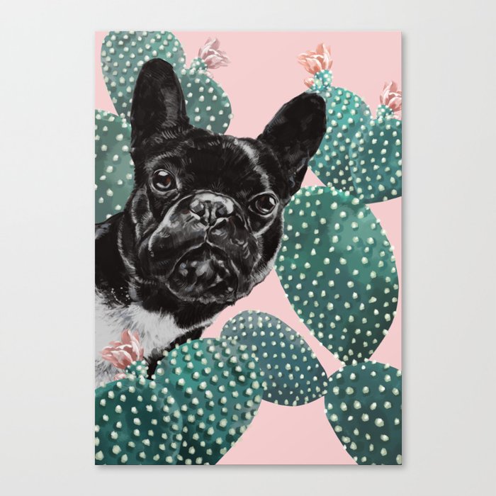 French Bulldog and Cactus Pink Canvas Print