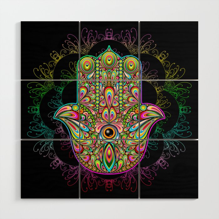 Hamsa Hand Amulet Psychedelic Wood Wall Art