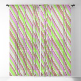 [ Thumbnail: Sienna, Orchid, Green & Light Gray Colored Stripes Pattern Sheer Curtain ]