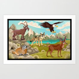Funny animals in a mountain landscape Art Print | Animal, Children, Illustration, Landscape 