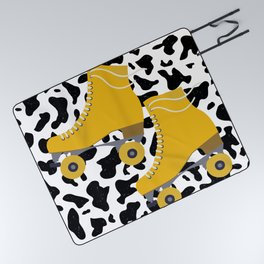Yellow Roller Skates on Cow Pattern Picnic Blanket