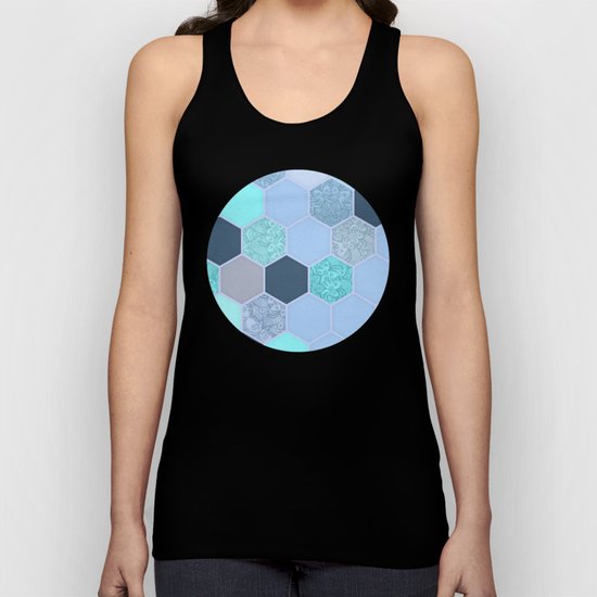 Denim Blue, Aqua & Indigo Hexagon Doodle Pattern Unisex Tank Top
