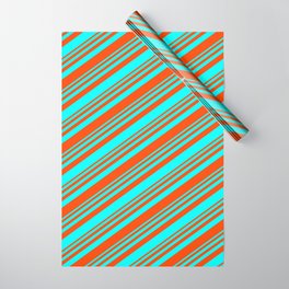 [ Thumbnail: Red & Cyan Colored Lined/Striped Pattern Wrapping Paper ]