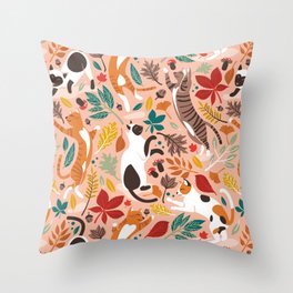 Autumn joy // flesh coral background cats dancing with many leaves in fall colors Throw Pillow