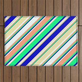 [ Thumbnail: Eyecatching Light Salmon, Green, Blue, Pale Goldenrod, and Mint Cream Colored Lines Pattern Outdoor Rug ]