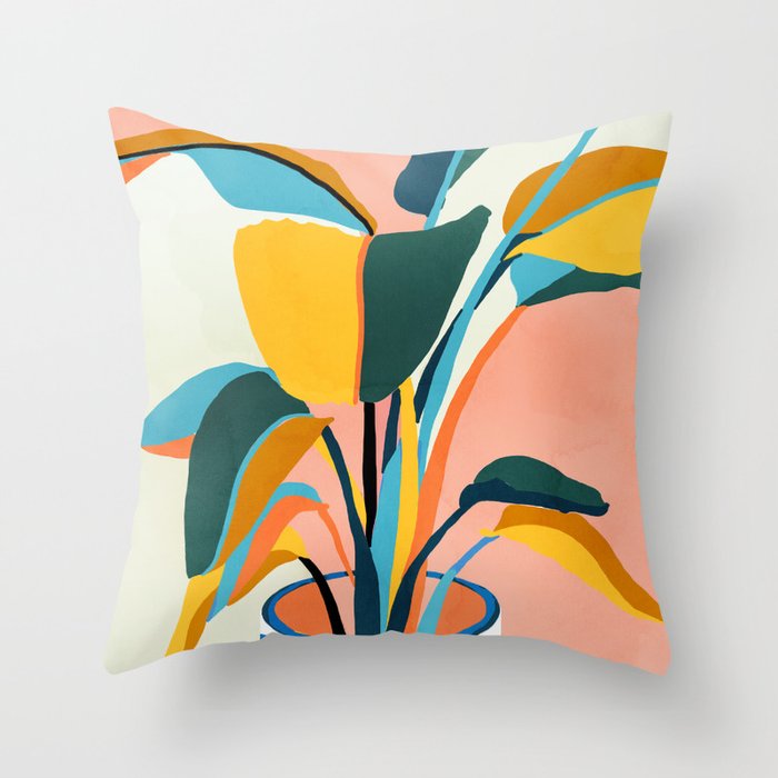 Nature Doesn't Hurry Yet All Is Accomplished, Colorful Botanical Plant Pot Illustration Tropical Throw Pillow