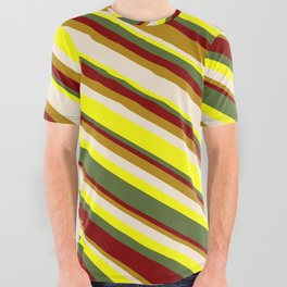 [ Thumbnail: Eyecatching Maroon, Dark Goldenrod, Beige, Yellow & Dark Olive Green Colored Striped Pattern All Over Graphic Tee ]