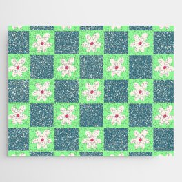 Sprinkle Spring of Daisies - Bright Neon Mint Green and Navy Jigsaw Puzzle