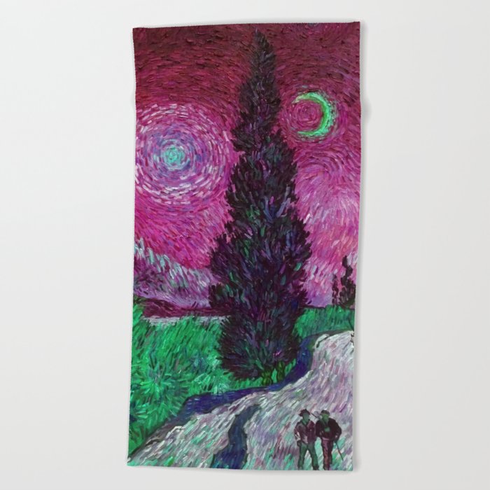 Road with Cypress and Star; Country Road in Provence by Night, oil-on-canvas post-impressionist landscape painting by Vincent van Gogh in alternate pink twilight sky Beach Towel