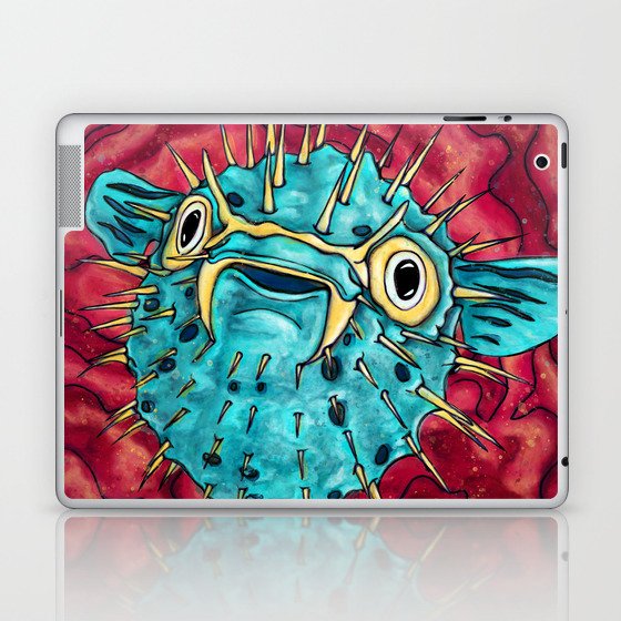Cute puffer fish painting, cartoon blowfish Laptop & iPad Skin