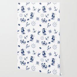 Blue Silhouettes Of Vintage Nautical Pattern Wallpaper