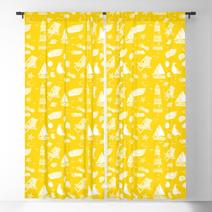 Yellow And White Summer Beach Elements Pattern Blackout Curtain