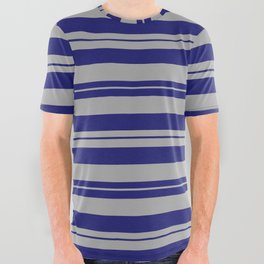 [ Thumbnail: Dark Gray & Midnight Blue Colored Pattern of Stripes All Over Graphic Tee ]