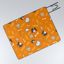 Orange pattern with cute, funny happy dogs. Paws print, bones, woof text and pets. Picnic Blanket