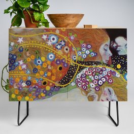 Gustav Klimt - The Mermaids II with poppies oceanic / floral portrait painting Credenza