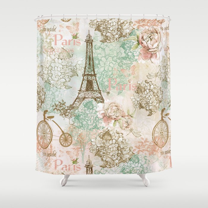 I love Paris - Vintage Shabby Chic - Eiffeltower France Flowers Floral Shower Curtain