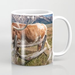 Texas Longhorn Steer with Wood Log Fence in Wyoming Pasture Mug