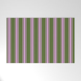 [ Thumbnail: Dark Olive Green & Plum Colored Striped/Lined Pattern Welcome Mat ]