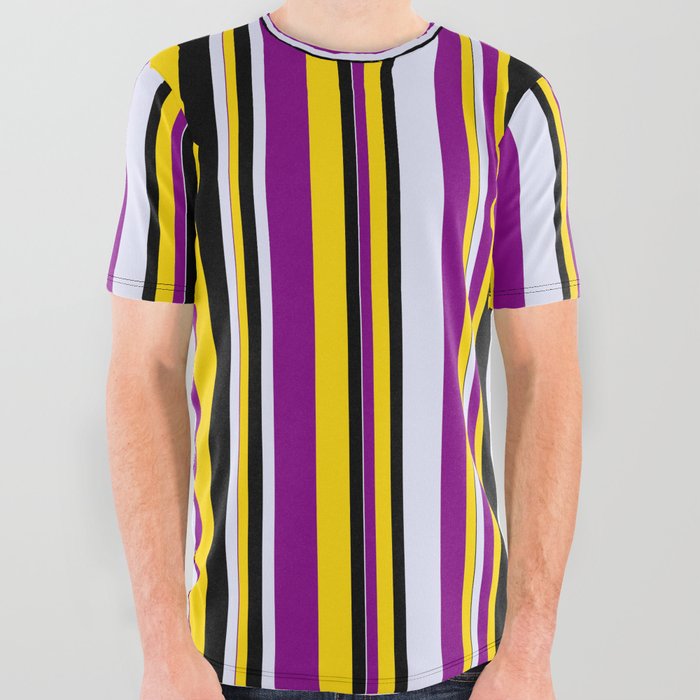 Yellow, Purple, Lavender & Black Colored Striped/Lined Pattern All Over Graphic Tee