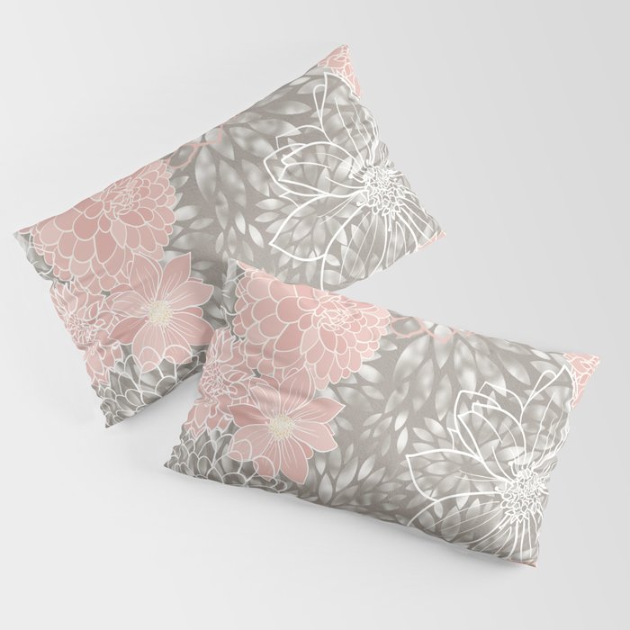 Floral Dahlias, Blush Pink, Gray, White Pillow Sham