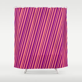 [ Thumbnail: Salmon and Purple Colored Stripes Pattern Shower Curtain ]
