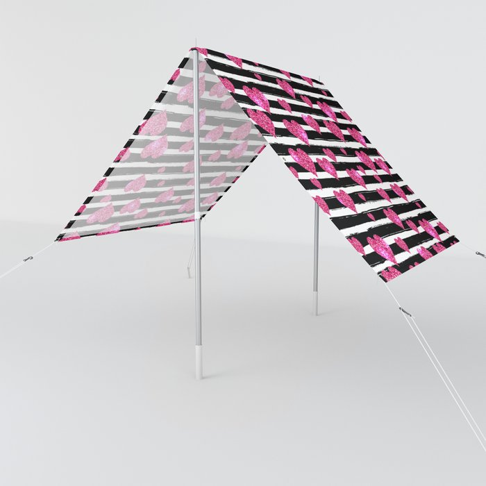 Black Stripes and Pink Hearts | Glitter Chic Pattern 09 Sun Shade