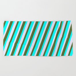 [ Thumbnail: Lavender, Dark Olive Green, and Cyan Colored Lines Pattern Beach Towel ]