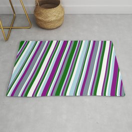 [ Thumbnail: Light Blue, Purple, Light Slate Gray, Dark Green & White Colored Striped Pattern Rug ]