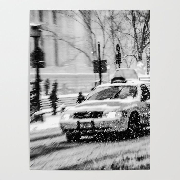 New York City yellow taxi during winter snowstorm blizzard in Manhattan black and white Poster